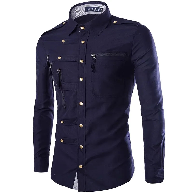 Multiple Zipper Mens Wears Metal Button Up Shirts Steampunk Coat Long Sleeve Gothic Punk Designer Men Clothing Cargo Work Shirt