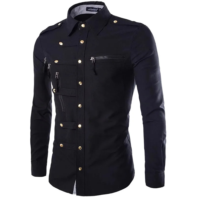 Multiple Zipper Mens Wears Metal Button Up Shirts Steampunk Coat Long Sleeve Gothic Punk Designer Men Clothing Cargo Work Shirt