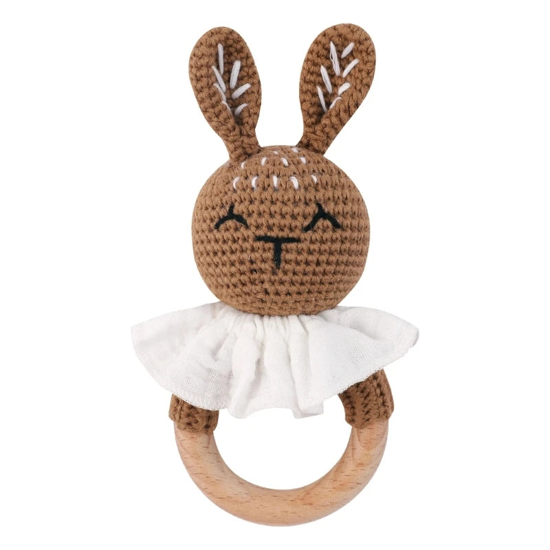 1Set Crochet Bunny Baby Teether Rattle Safe Beech Wooden Teether Ring Pacifier Clip Chain Set Newborn Mobile Gym Educational Toy