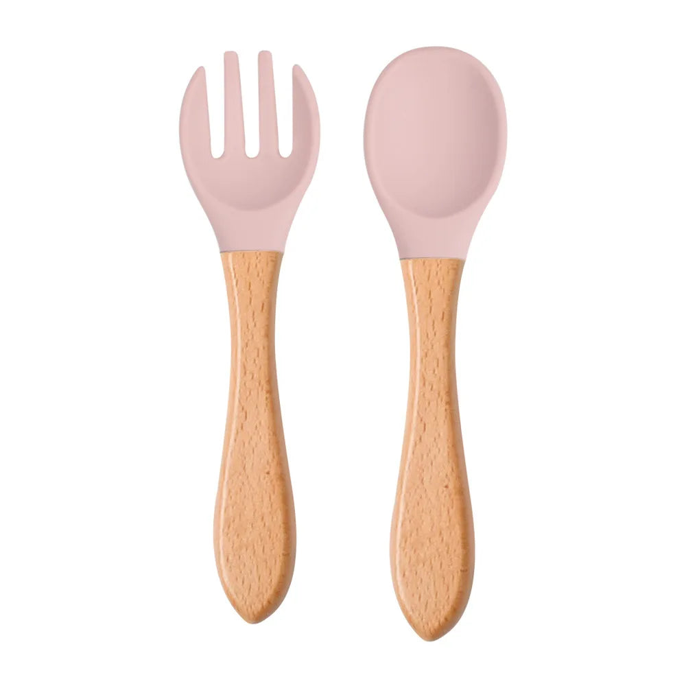 2pcs/set Food Grade Silicone Mini Fork Spoon For Baby Wooden Print Utensils Set Feeding Spoon Learn To Eat Children's Tableware