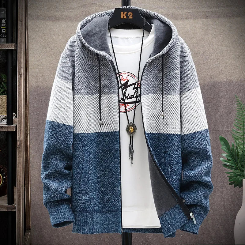 Men's Striped Cardigan Winter Sweater Fleece Jumper Hooded Clothes Harajuku Japanese Casual Windbreaker Korean Knit Jacket Coat