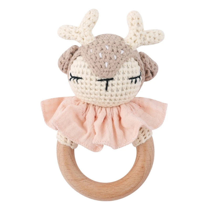 1Set Crochet Bunny Baby Teether Rattle Safe Beech Wooden Teether Ring Pacifier Clip Chain Set Newborn Mobile Gym Educational Toy