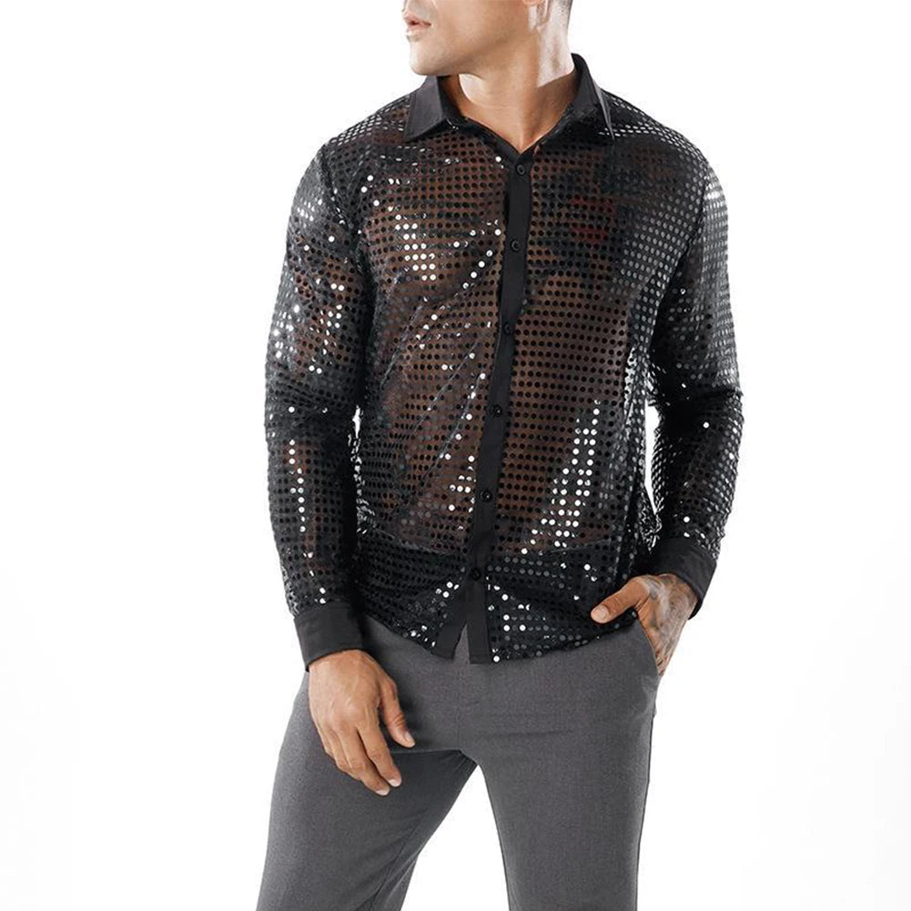 Men's Sparkly Sequins Party Dance Shirts Fashion Lapel Collar Long Sleeve Retro 70s Disco Stage Shirt Tops Men's Clothing