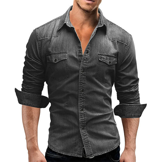 Elastic Cotton Denim Shirt Men Long Sleeve Cowboy Shirts Solid Color Pocket Shirts For Men Casual Slim Fit Jeans Shirts Chemise