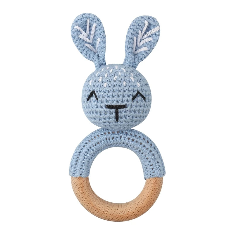 1Set Crochet Bunny Baby Teether Rattle Safe Beech Wooden Teether Ring Pacifier Clip Chain Set Newborn Mobile Gym Educational Toy