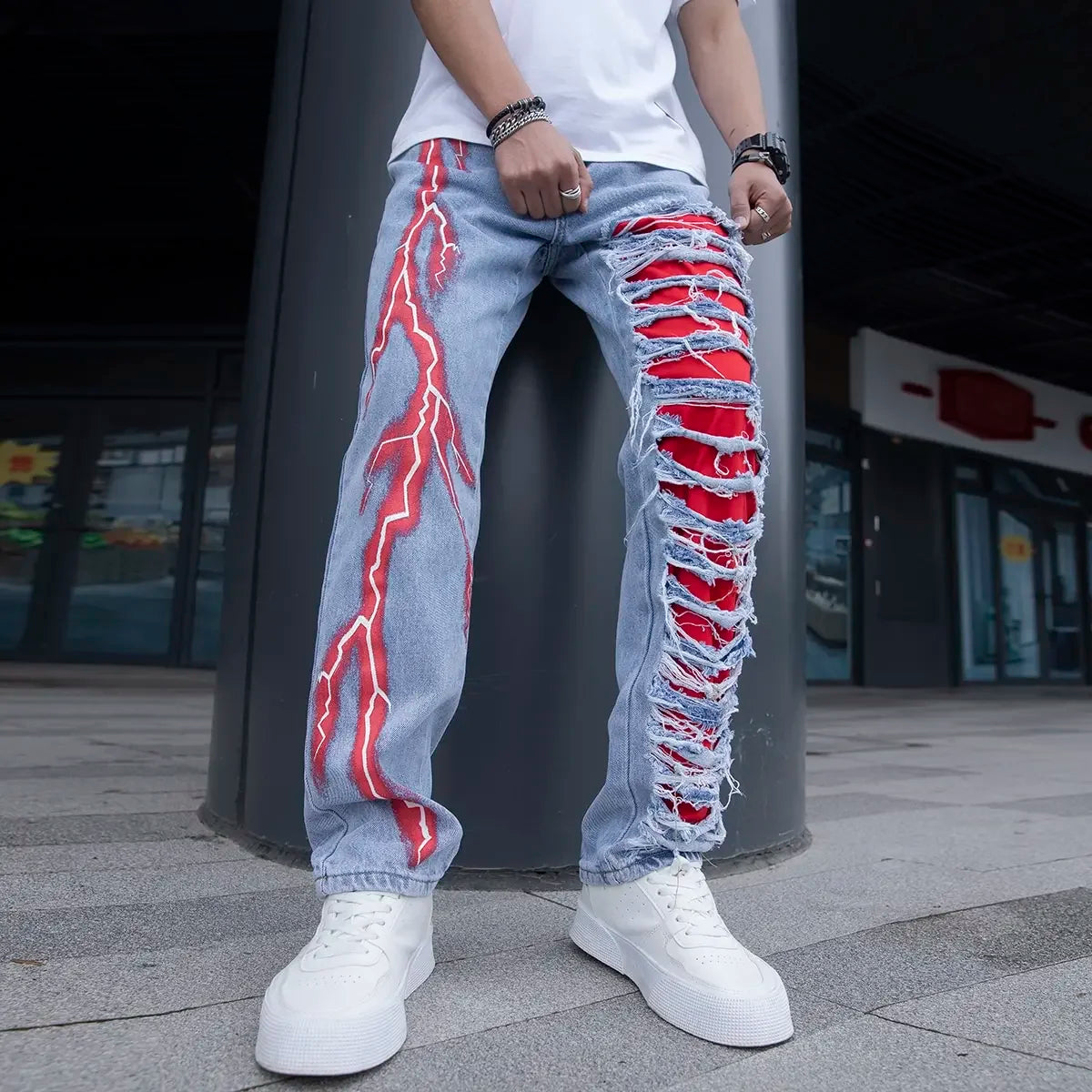 Men Cracked Stretchable Lightning Jeans Fashionable Streetwear Holes Ripped Patchwork Denim Pants Slim Skinny Trousers for Men