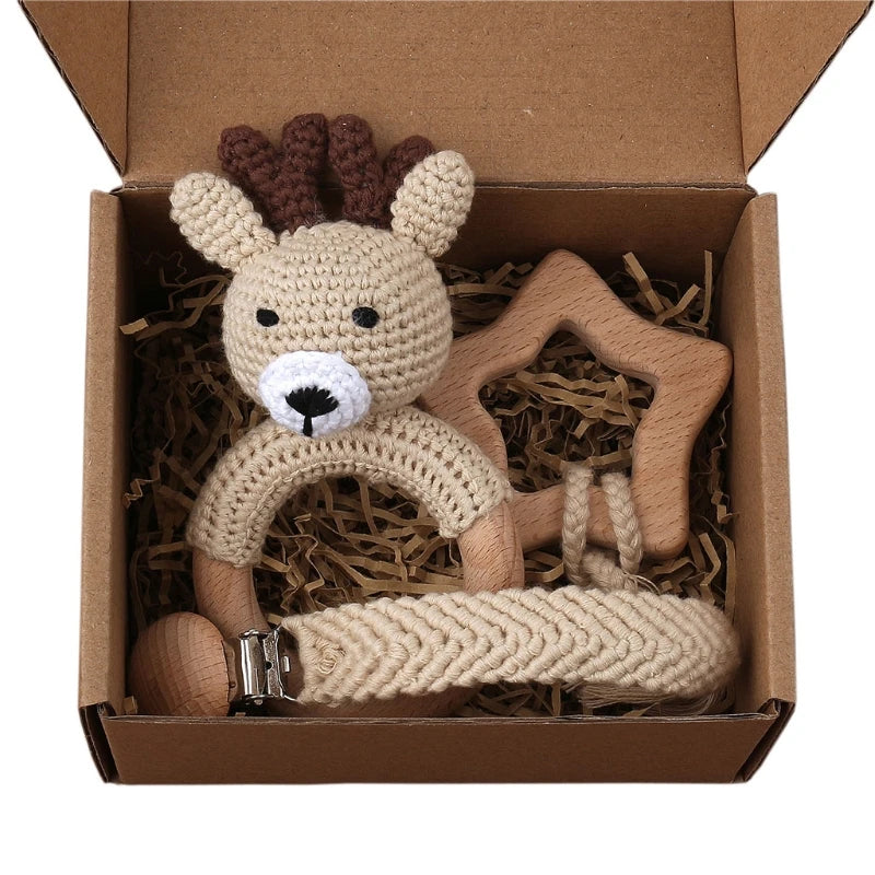 1Set Crochet Bunny Baby Teether Rattle Safe Beech Wooden Teether Ring Pacifier Clip Chain Set Newborn Mobile Gym Educational Toy