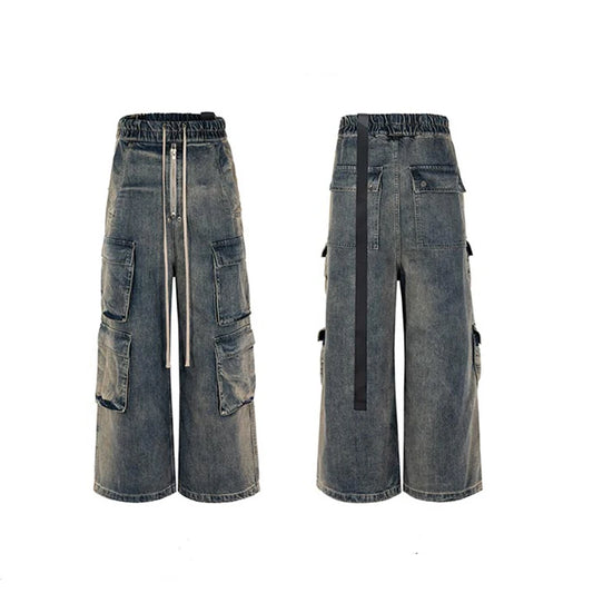 RO Style Ribbons Wide Leg Multi-Pockets Smoke Grey Baggy Jeans for Men Straight Pantalones Hombre Drawstring Denim Trousers