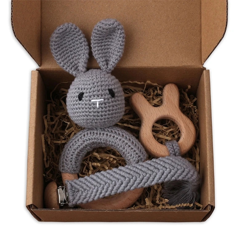 1Set Crochet Bunny Baby Teether Rattle Safe Beech Wooden Teether Ring Pacifier Clip Chain Set Newborn Mobile Gym Educational Toy
