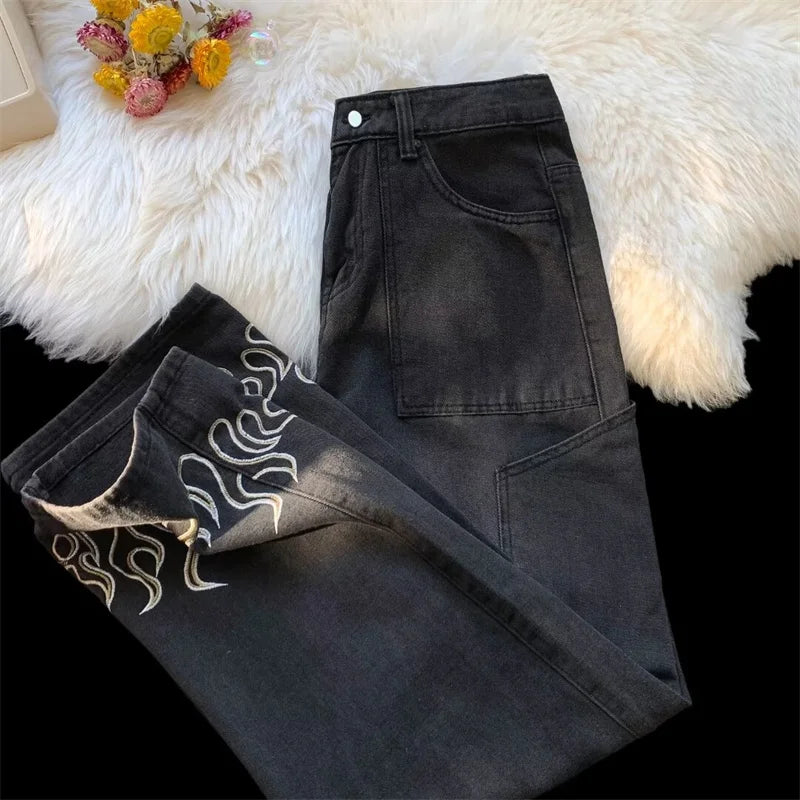 Y2K Vintage Flame Printed Jeans For Men Baggy Streetwear Wide Leg Denim Trousers 2025 New Hip Hop Fashion Straight Pantalones