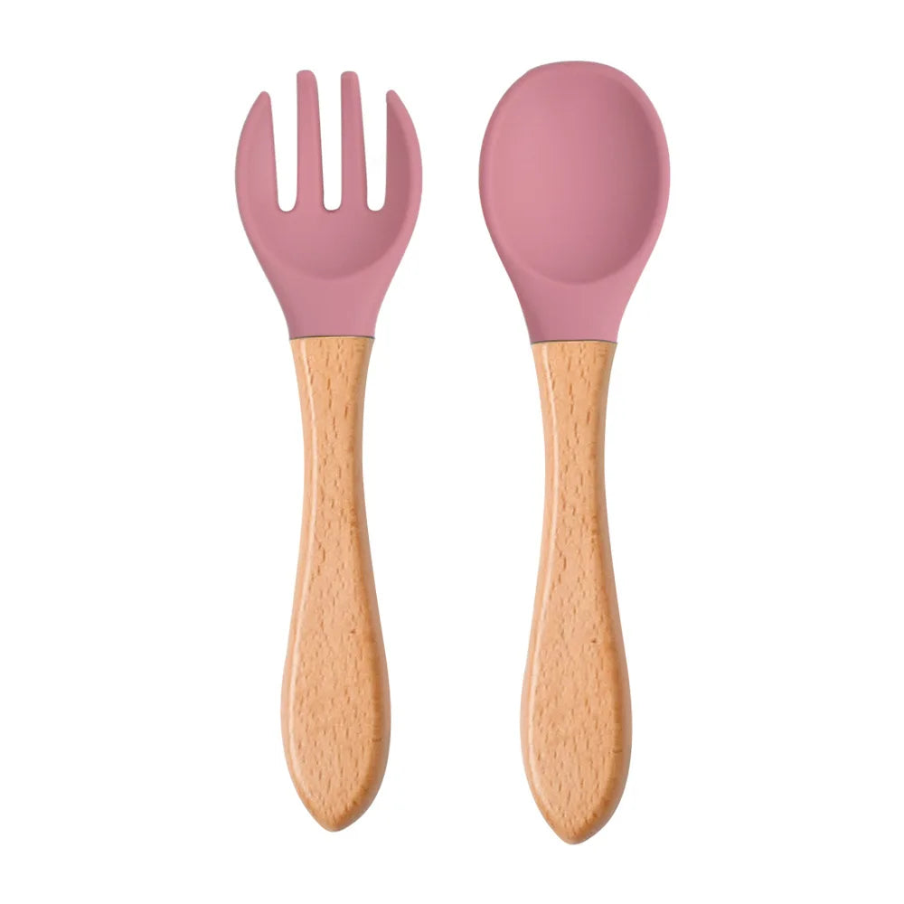 2pcs/set Food Grade Silicone Mini Fork Spoon For Baby Wooden Print Utensils Set Feeding Spoon Learn To Eat Children's Tableware