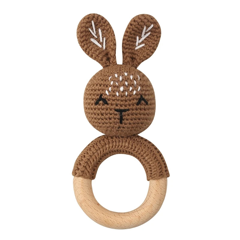 1Set Crochet Bunny Baby Teether Rattle Safe Beech Wooden Teether Ring Pacifier Clip Chain Set Newborn Mobile Gym Educational Toy