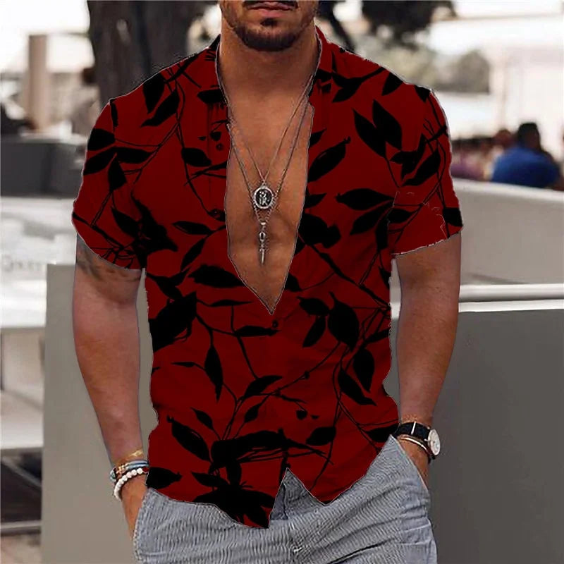 Hawaiian Shirt For Men Vacation Daily Slim Fit Tops Gym Elegant Flower Pattern Leaves Social Casual Fashion Camisa Y2k Clothing