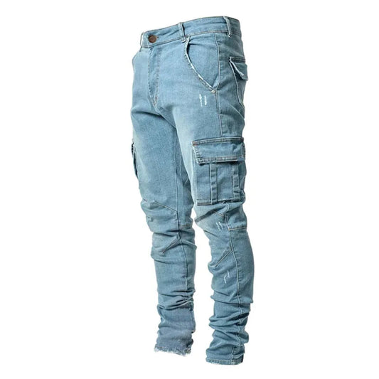 2024 Spring Summer New Men's Clothing Solid Color Stretch Multi-Bag Skinny Pants Slim Slimming Denim Cargo Pants Jeans