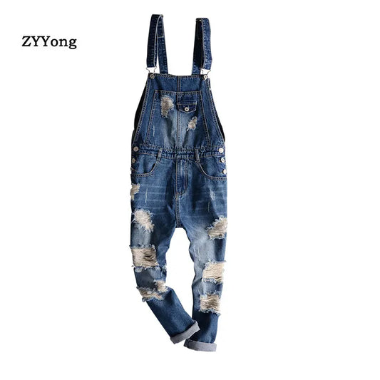 Blue Hole Overalls Men Denim Jumpsuit Ripped Tattered Jeans Bib Ankle Length Hip Hop Big Pocket Korean Cargo Pants Trousers