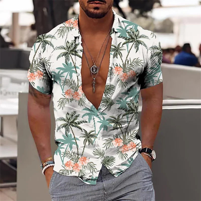 Hawaiian Shirt For Men Vacation Daily Slim Fit Tops Gym Elegant Flower Pattern Leaves Social Casual Fashion Camisa Y2k Clothing