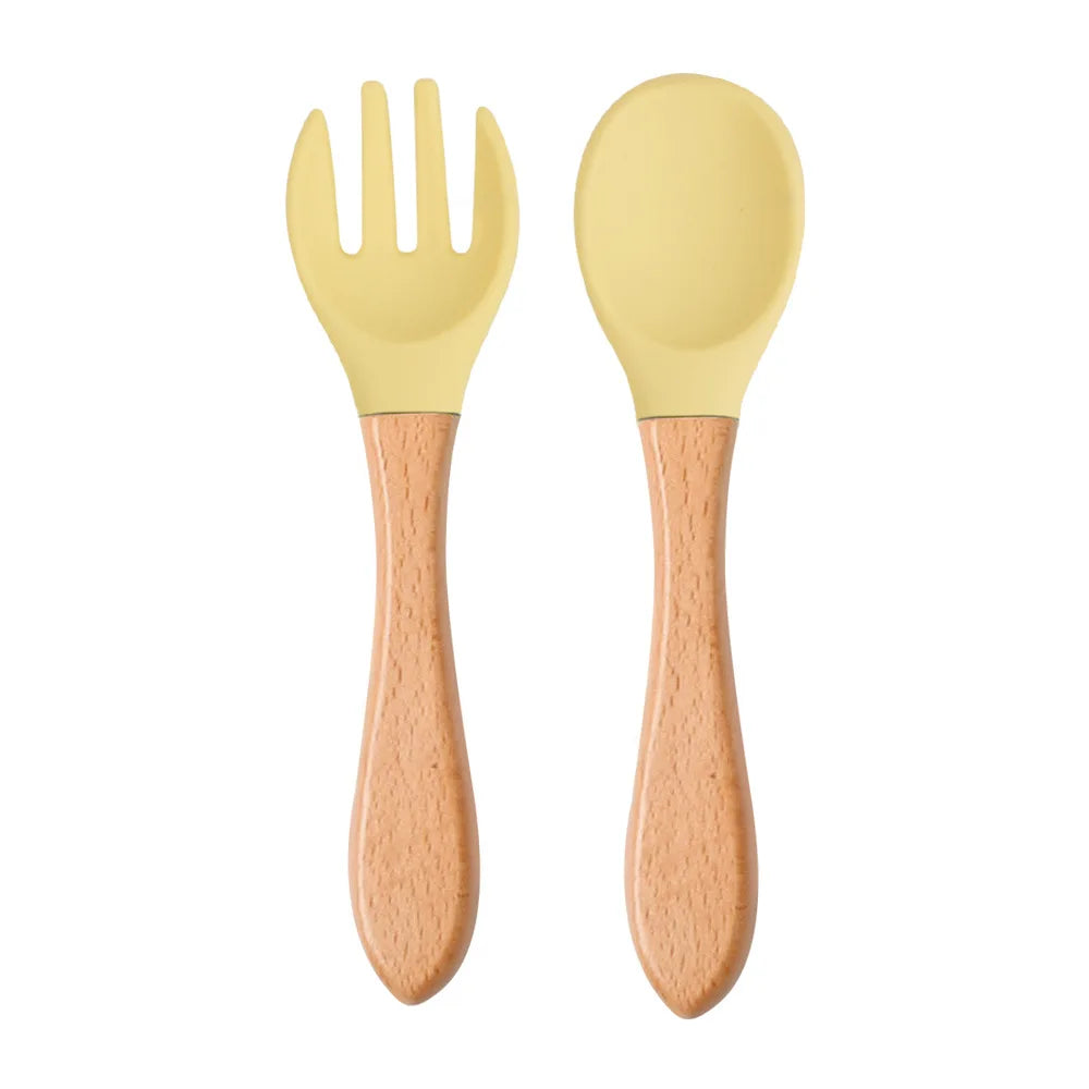 2pcs/set Food Grade Silicone Mini Fork Spoon For Baby Wooden Print Utensils Set Feeding Spoon Learn To Eat Children's Tableware