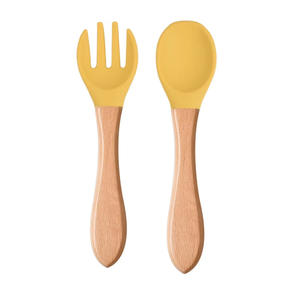 2pcs/set Food Grade Silicone Mini Fork Spoon For Baby Wooden Print Utensils Set Feeding Spoon Learn To Eat Children's Tableware