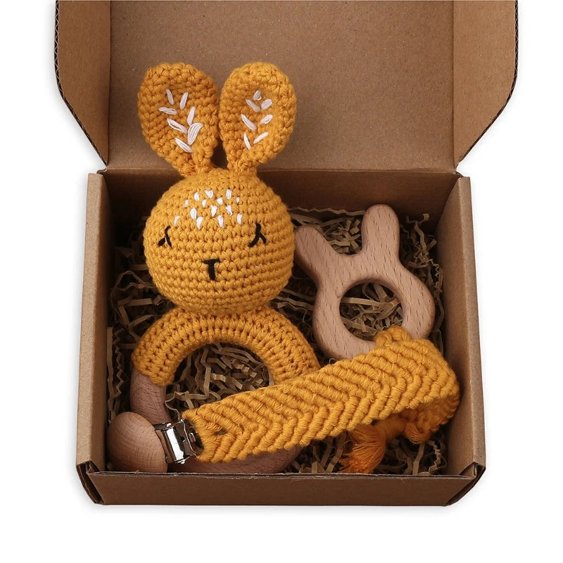1Set Crochet Bunny Baby Teether Rattle Safe Beech Wooden Teether Ring Pacifier Clip Chain Set Newborn Mobile Gym Educational Toy