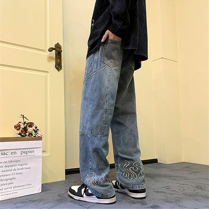 Y2K Vintage Flame Printed Jeans For Men Baggy Streetwear Wide Leg Denim Trousers 2025 New Hip Hop Fashion Straight Pantalones