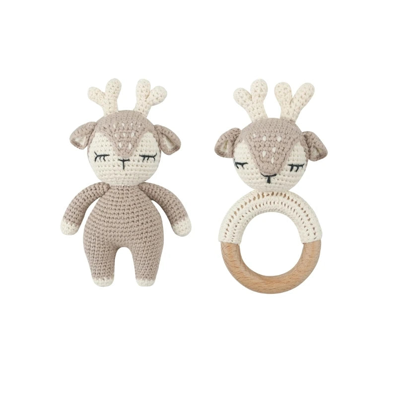1Set Crochet Bunny Baby Teether Rattle Safe Beech Wooden Teether Ring Pacifier Clip Chain Set Newborn Mobile Gym Educational Toy