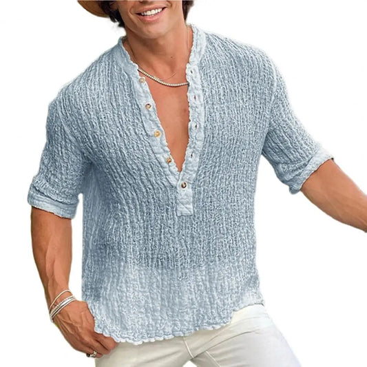 Vintage Solid Color Cotton Linen Men's Tops Spring Summer Casual Loose Half Sleeve Button V Neck Soft Shirts Leisure Mens Shirt