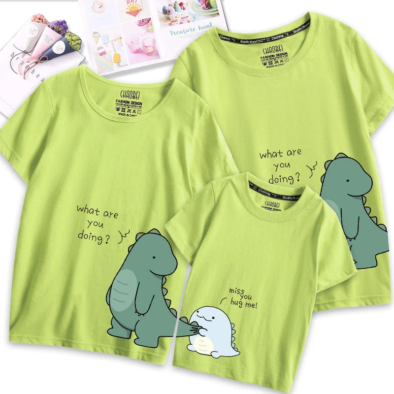 Family Matching Outfits Clothes Mother Dad and Kid Summer Cartoon Dinosaur T-Shirt Sport Clothing Cotton Parent Child Outfits