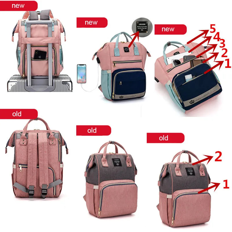 Lequeen Upgrade Diaper bag Backpack Travel bag Free stroller hooker Diaper PAD USB charge Baby accessories Baby care