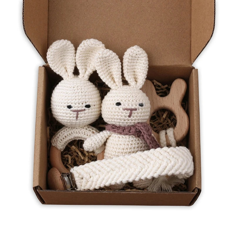 1Set Crochet Bunny Baby Teether Rattle Safe Beech Wooden Teether Ring Pacifier Clip Chain Set Newborn Mobile Gym Educational Toy