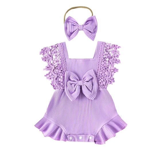 Infant Baby Clothing Girl Summer Outfit Lace Crochet Fly Sleeve Square Neck Rompers with Bow Hair Set Toddlers Girls Clothes