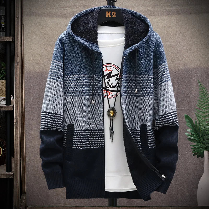 Men's Striped Cardigan Winter Sweater Fleece Jumper Hooded Clothes Harajuku Japanese Casual Windbreaker Korean Knit Jacket Coat