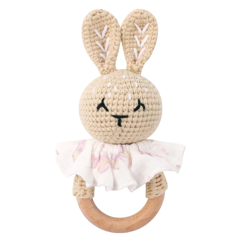 1Set Crochet Bunny Baby Teether Rattle Safe Beech Wooden Teether Ring Pacifier Clip Chain Set Newborn Mobile Gym Educational Toy