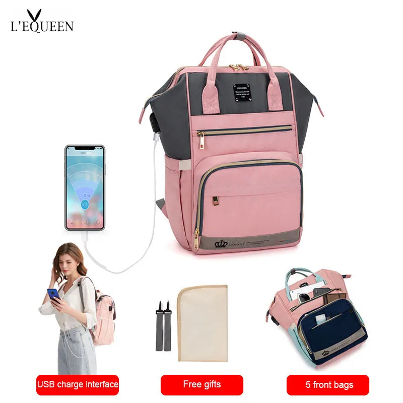 Lequeen Upgrade Diaper bag Backpack Travel bag Free stroller hooker Diaper PAD USB charge Baby accessories Baby care