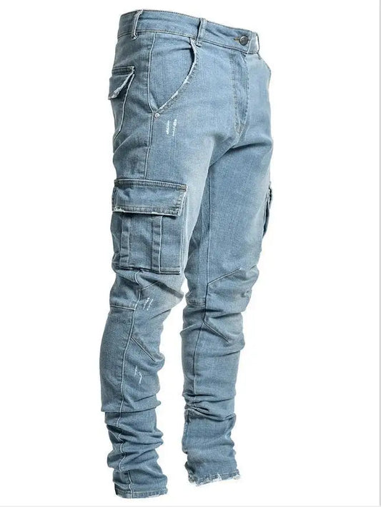 Men Jeans Pencil Pants Cargo Denim Solid Ankle Length Washing Pockets Mid Waist Sheath Slim Slight Strech High Street 2024