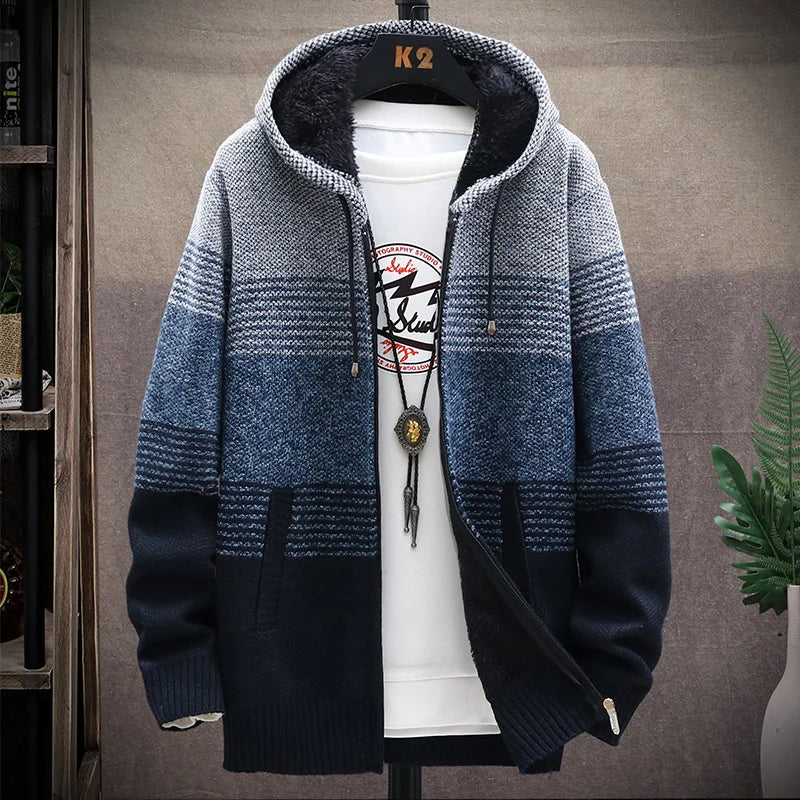 Men's Striped Cardigan Winter Sweater Fleece Jumper Hooded Clothes Harajuku Japanese Casual Windbreaker Korean Knit Jacket Coat