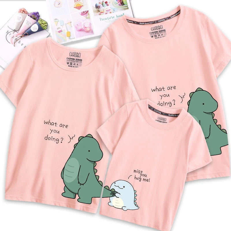 Family Matching Outfits Clothes Mother Dad and Kid Summer Cartoon Dinosaur T-Shirt Sport Clothing Cotton Parent Child Outfits