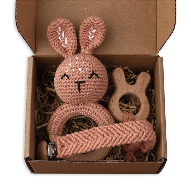 1Set Crochet Bunny Baby Teether Rattle Safe Beech Wooden Teether Ring Pacifier Clip Chain Set Newborn Mobile Gym Educational Toy