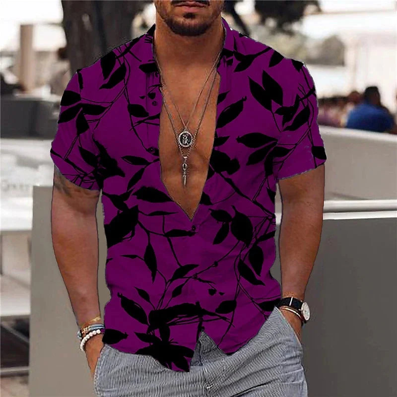 Hawaiian Shirt For Men Vacation Daily Slim Fit Tops Gym Elegant Flower Pattern Leaves Social Casual Fashion Camisa Y2k Clothing