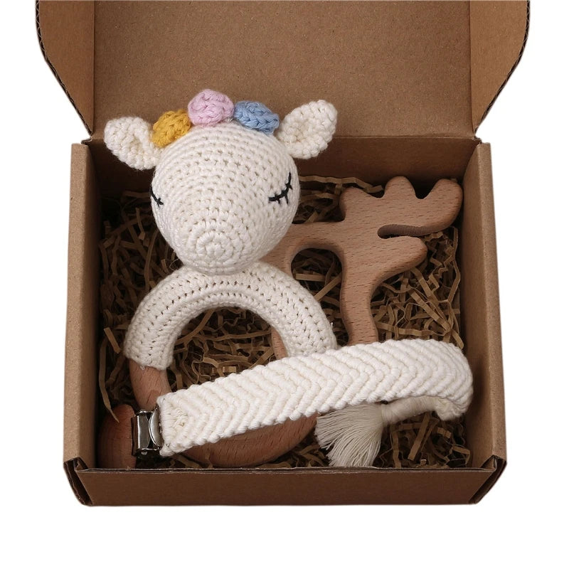 1Set Crochet Bunny Baby Teether Rattle Safe Beech Wooden Teether Ring Pacifier Clip Chain Set Newborn Mobile Gym Educational Toy