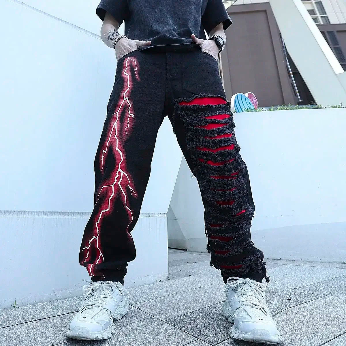 Men Cracked Stretchable Lightning Jeans Fashionable Streetwear Holes Ripped Patchwork Denim Pants Slim Skinny Trousers for Men