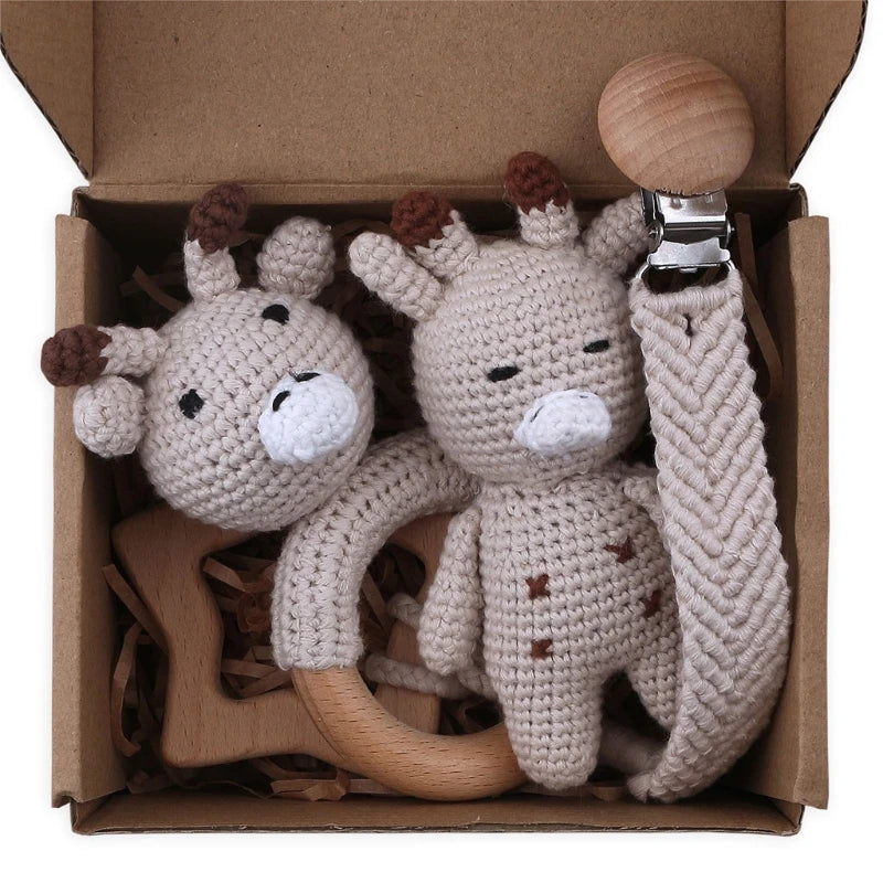 1Set Crochet Bunny Baby Teether Rattle Safe Beech Wooden Teether Ring Pacifier Clip Chain Set Newborn Mobile Gym Educational Toy