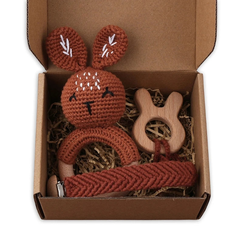 1Set Crochet Bunny Baby Teether Rattle Safe Beech Wooden Teether Ring Pacifier Clip Chain Set Newborn Mobile Gym Educational Toy