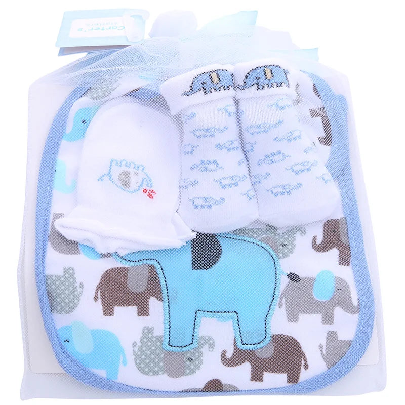 Baby Cotton Bibs +Gloves +Socks Sets Bag Cute Kawaii Newborn Kids Burp Cloths for Children Boys Girls Accessories Birthday Gift