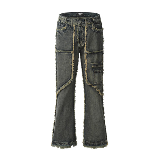 Streetwear Y2k Heavy Craft Washed Distressed Jeans Flare Slim Straight Tassel Jeans for Men and Women Raw Edge Denim Pants