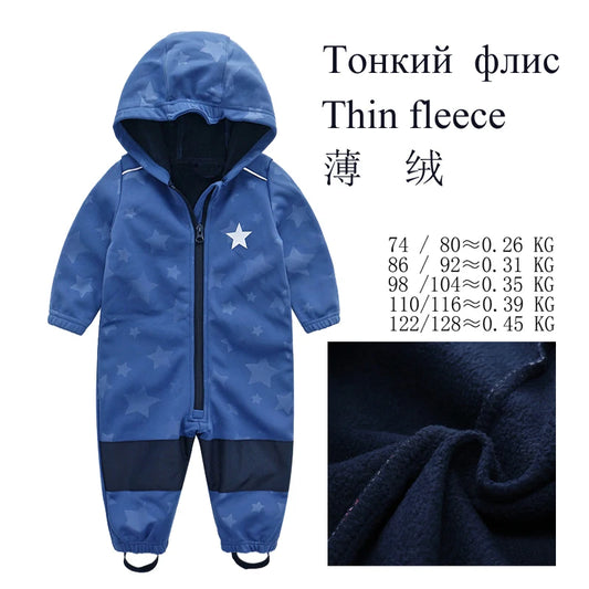 2024 new 2-10 year old children's soft shell jumpsuit for boys and girls plus fleece jumpsuit windproof and rainproof
