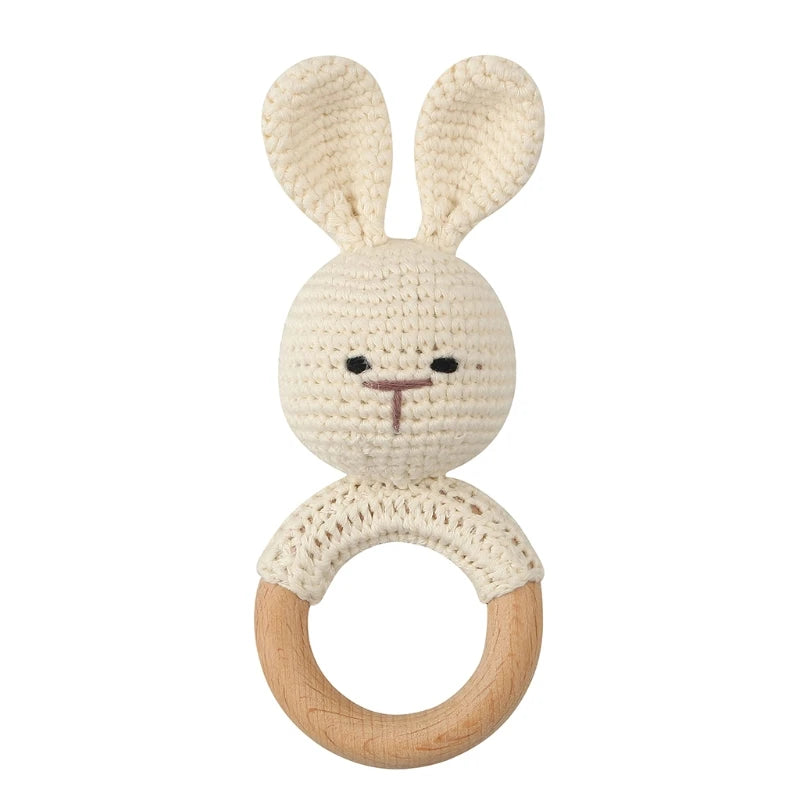 1Set Crochet Bunny Baby Teether Rattle Safe Beech Wooden Teether Ring Pacifier Clip Chain Set Newborn Mobile Gym Educational Toy