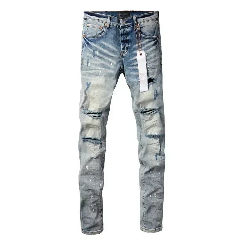 2024 Purples Man jeans brand high street blue ripped distressed fashion repair low rise skinny denim trousers brand pants