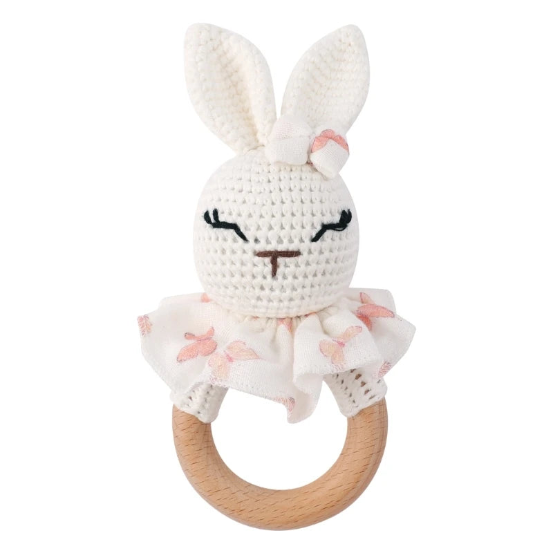 1Set Crochet Bunny Baby Teether Rattle Safe Beech Wooden Teether Ring Pacifier Clip Chain Set Newborn Mobile Gym Educational Toy