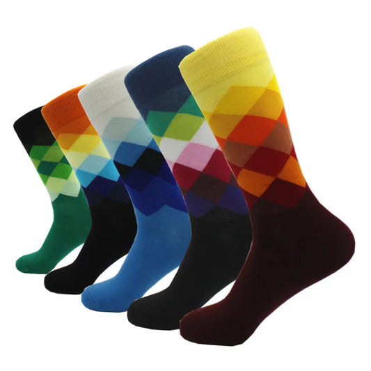 5 Pairs/Lot Funny Men's Socks Casual Classic Diamond Happy Socks Clothing Trend Combed Cotton Socks For Men