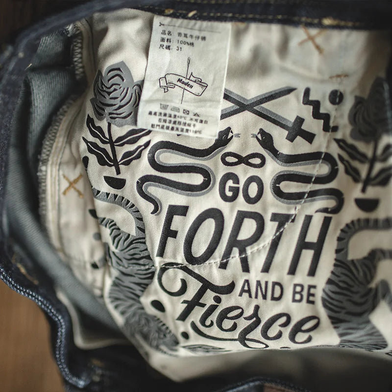 Maden Vintage 14oz Selvedge Raw Denim Jeans Horsehair Leather Patch Straight Fit Jeans Men's Spring and fall Paris Buckle Pants